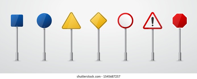 Road signs. Vector red, green and yellow empty road sign mock up with place for text or symbol