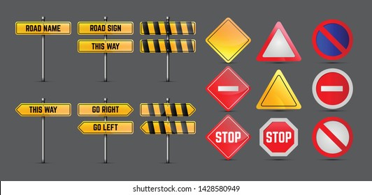 Road signs vector. Warning symbol. Choose right way realistic components. Stop under construction safety icon collection. No parking. Directions vehicle attention signs set. 