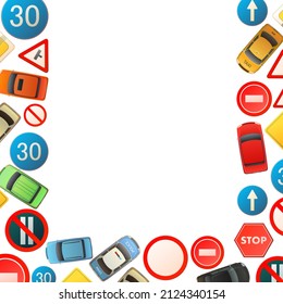 Road signs vertical frame border. Auto traffic background. Specify and limit. Top view from above. Cartoon funny style. Flat design. Isolated on white. illustration vector.