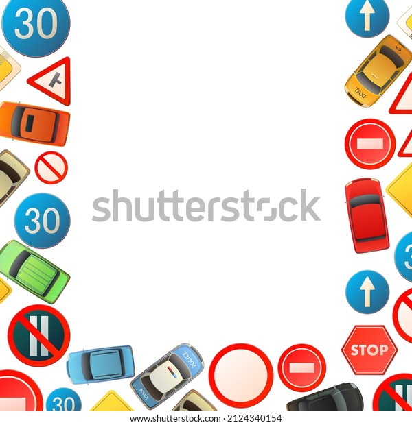Road signs\
vertical frame border. Auto traffic background. Specify and limit.\
Top view from above. Cartoon funny style. Flat design. Isolated on\
white. illustration\
vector.
