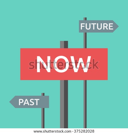 Road signs with words now, past and future. Focus on present, life, destiny, harmony, motivation, success, concentration, aging concept. EPS 8 vector illustration, no transparency