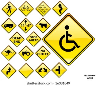 Road Signs YELLOW series: 17 different detailed US/Australian style road signs; part 3/3