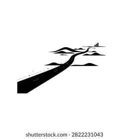 Road silhouette with distant buildings black on white background
