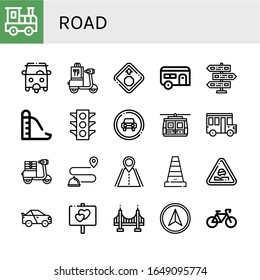 road simple icons set. Contains such icons as Railroad, Rickshaw, Scooter, Stop sign, Caravan, Signpost, Slide, Traffic light, Traffic sign, can be used for web, mobile and logo