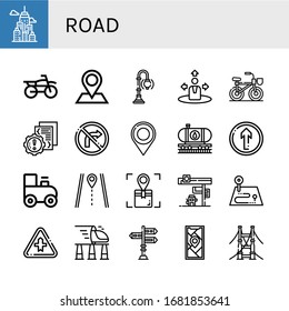 road simple icons set. Contains such icons as City, Motocross, Pin, Street lamp, Navigation, Bicycle, Error, No turn right, Location, Oil train, can be used for web, mobile and logo