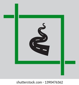 Road simple sign. Black icon inside green crop tool at light gray background