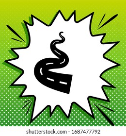 Road simple sign. Black Icon on white popart Splash at green background with white spots. Illustration.