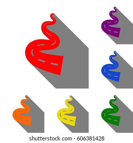 Road simple sign. Set of red, orange, yellow, green, blue and violet icons at white background with flat shadow.