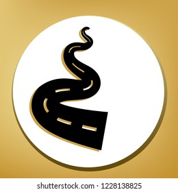 Road simple sign. Vector. Black icon with light brown shadow in white circle with shaped ring at golden background.