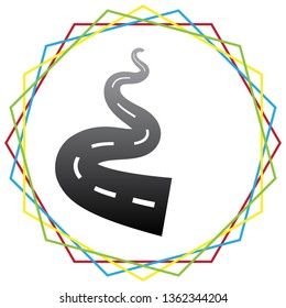 Road simple sign. Vector. Black icon with patch of light inside colorful hexagonal frames at white background.