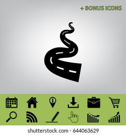 Road simple sign. Vector. Black icon at gray background with bonus icons 