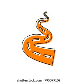 Road simple sign. Vector. Black line icon with shifted flat orange filled icon on white background. Isolated.
