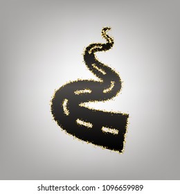 Road simple sign. Vector. Blackish icon with golden stars at grayish background.