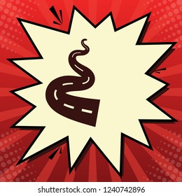 Road simple sign. Vector. Dark red icon in lemon chiffon shutter bubble at red popart background with rays.