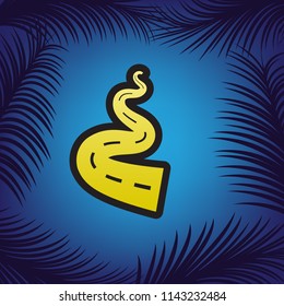 Road simple sign. Vector. Golden icon with black contour at blue background with branches of palm trees.