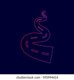 Road simple sign. Vector. Line icon with gradient from red to violet colors on dark blue background.
