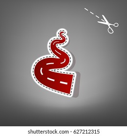 Road simple sign. Vector. Red icon with for applique from paper with shadow on gray background with scissors.