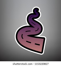 Road simple sign. Vector. Violet gradient icon with black and white linear edges at gray background.