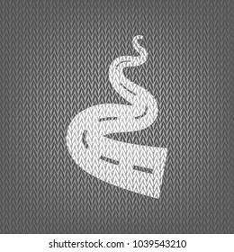 Road simple sign. Vector. White knitted icon on gray knitted background. Isolated.