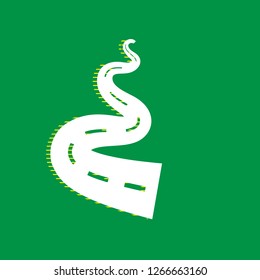 Road simple sign. Vector. White flat icon with yellow striped shadow at green background.