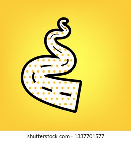Road simple sign. Vector. Yellow polka dot white icon with black contour at warm yellow background.