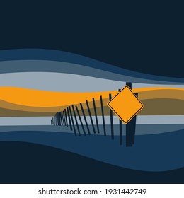 A road sing on a broken fence. Vector illustration.