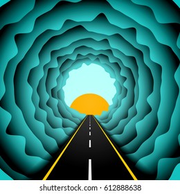 Road in the skies abstract concept. Vector illustrator of asphalt road or highway going into skies to the light and sun between the clouds. Colorful design background or template.