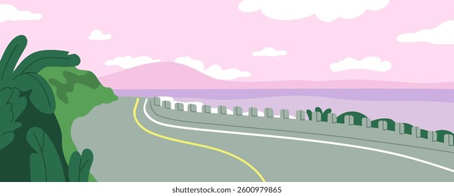 Road to sky horizon with clouds, nature landscape. Seaside highway, coast, panoramic view in evening. Beautiful scenery after sunset. Waterfront way at sunrise, dawning. Flat vector illustration