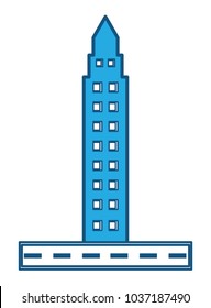 road with skyscraper icon over white background, blue shadign design. vector illustration