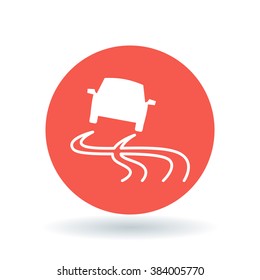 Road slippery when wet icon. Road caution sign. Vehicle traction control symbol. White car hazard icon on red circle background. Vector illustration.