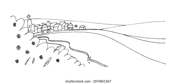 Road to a small town, village on a valley with a river, houses and a church in the distance. Basic black lines hand drawn ink strokes style vector illustration isolated on white background.