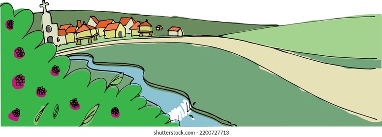 Road to a small town, village on a valley with a river, houses and a church in the distance. Basic colorful hand drawn watercolor style vector illustration isolated on white background.