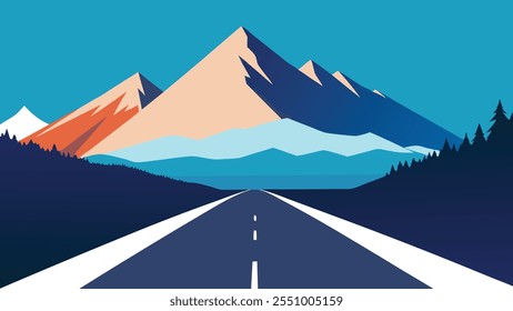 road with snow-covered mountains towering majestically in the background, showcasing a winter landscape flat vector illustration
