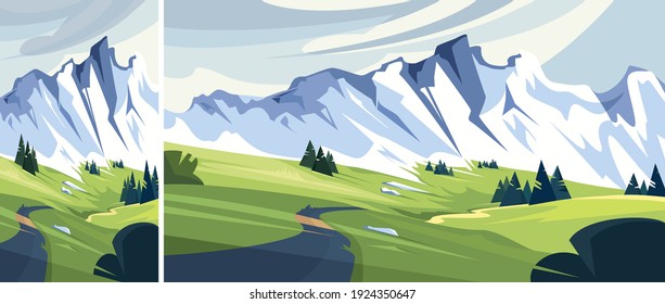 Road to snowy mountain. Set of beautiful non-urban scenes in vertical and horizontal orientation.