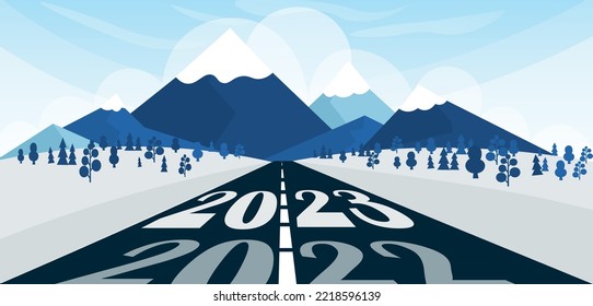 Road in snowy mountains. Concept of 2023 goals