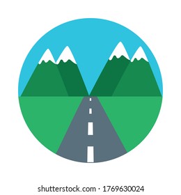 road and snowy mountains landscape over white background, flat style, vector illustration
