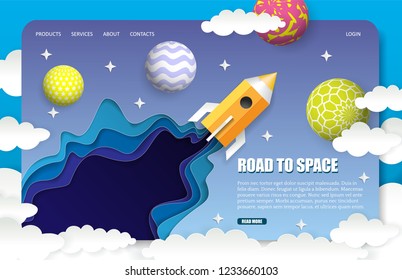 Road to space landing page website template. Vector paper cut rocket launch, sky, planets, stars. Space trip concept, paper art style.