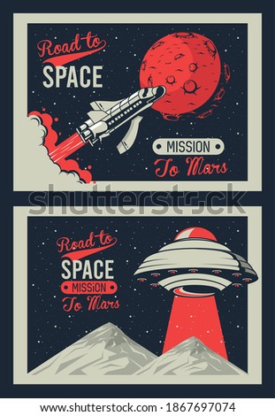 road to space letterings with ufo and rocket in mars posters vintage style vector illustration design