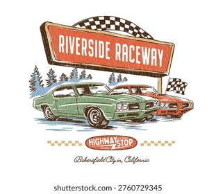 Road speed graphic print. Speed way. Car print design for t shirt print, poster, sticker, background and other uses. Legend race.