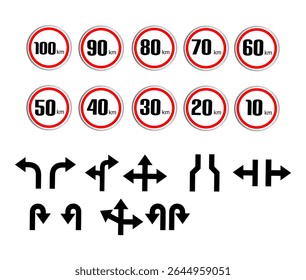 Road speed limit sign is circular and its pole. 100 km per hour to 10 km per hour and blank sign, Flat style arrow collection in various directions. Arrows that are bent, turn, zig zag, crossroads