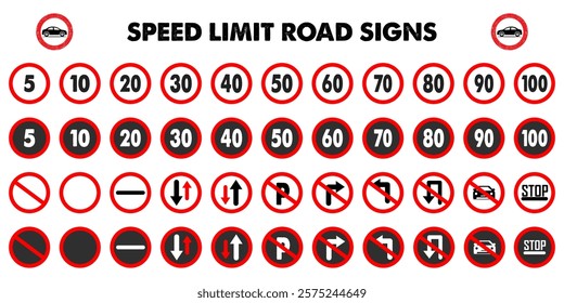 Road speed limit sign vector symbol generic speed limit signs black text red circle illustration