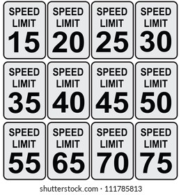 Road speed limit signs from fifteen to seventy-five. Vector illustration.