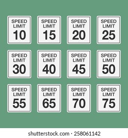 Road speed limit signs from fifteen to seventy-five. Vector illustration.
