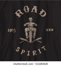 road spirit label. motorcycle rider with a skull. biker print.