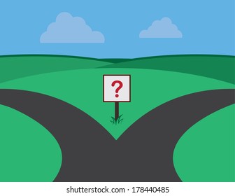 Road Split With Question Marked Sign  