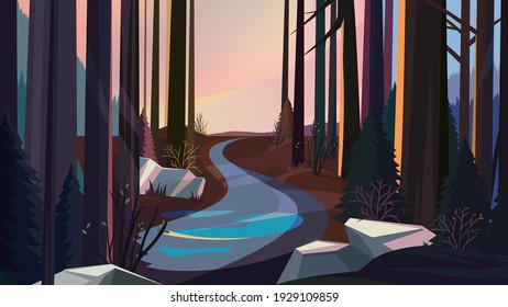 Straße im Frühlingswald bei Sonnenuntergang. Schöne Naturlandschaft.