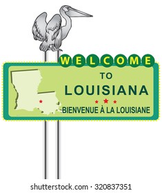 Road Stand Welcome to Louisiana with Louisiana pelican symbol. Vector illustration.