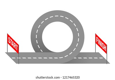 Road  with start and finish line red banners - path in spiral form - vector conceptual illustration