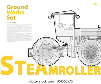 Road steam roller truck. Outline typography set with road roller. Construction machinery vehicle. Asphalt straighten machine. Construction building equipment. Ground work catalog typography page set.