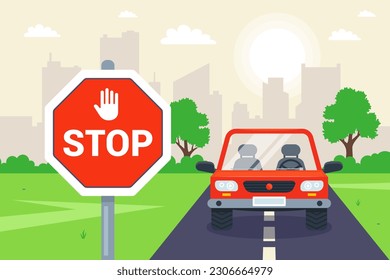 road stop sign on the track. flat vector illustration.